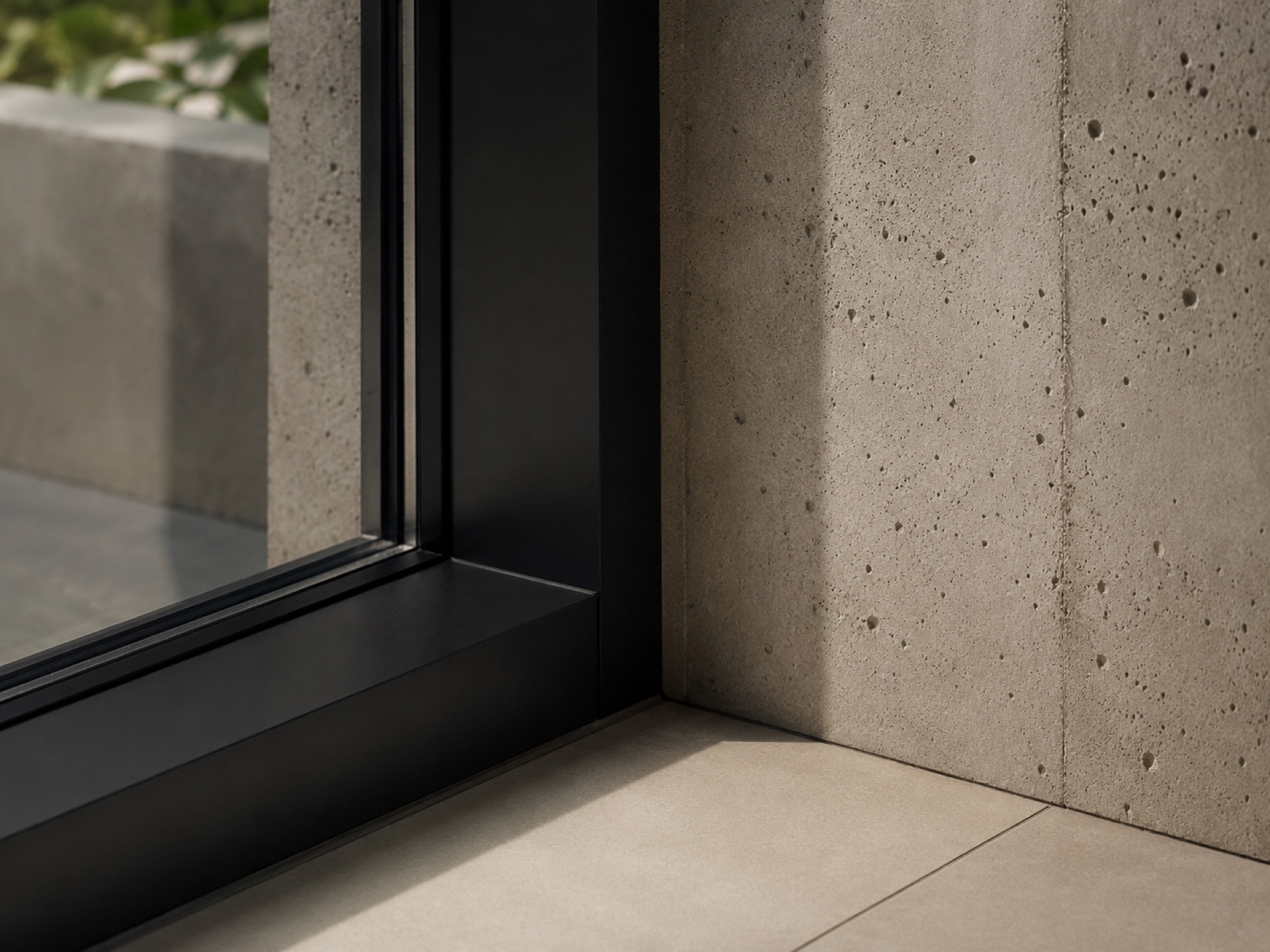 Detalle de cancelería de aluminio negro y concreto