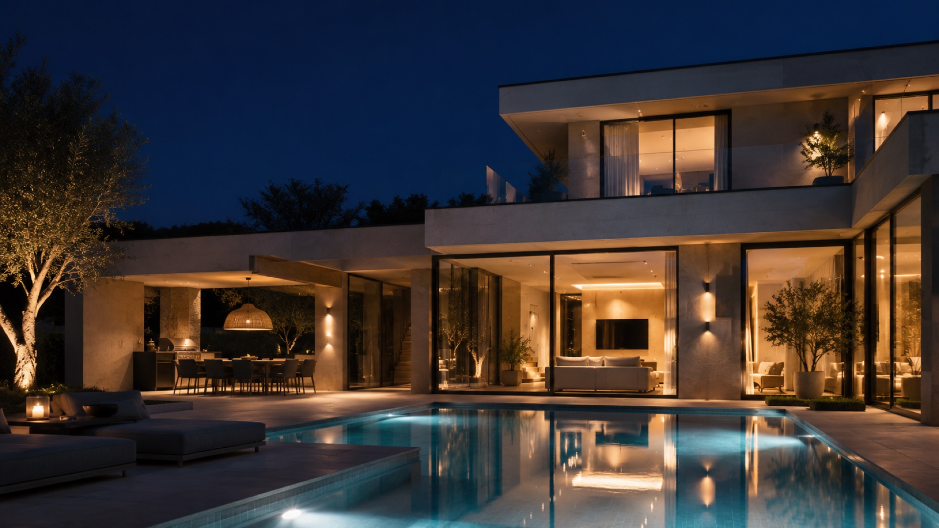 Fachada nocturna con iluminación arquitectónica