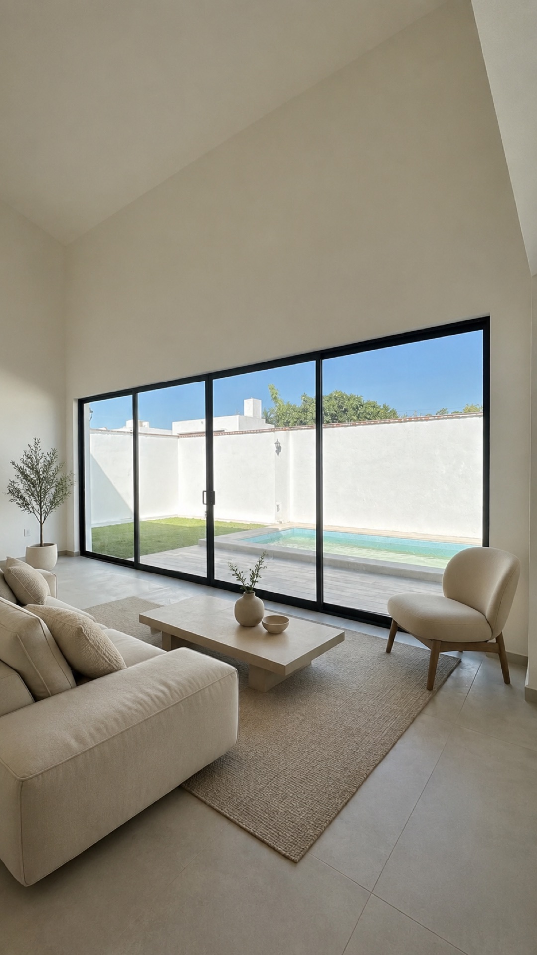 Sala de doble altura de Casa Insignia con vista al jardín